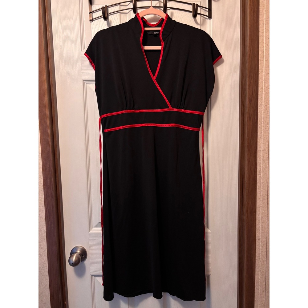 Zinc Black Red Trim Faux Wrap Midi Dress Cap Sleeve Empire Waist Large USA Made